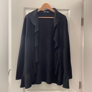 Chelsea & Theodore Black Ruffle-Front Open 100% cashmere Cardigan